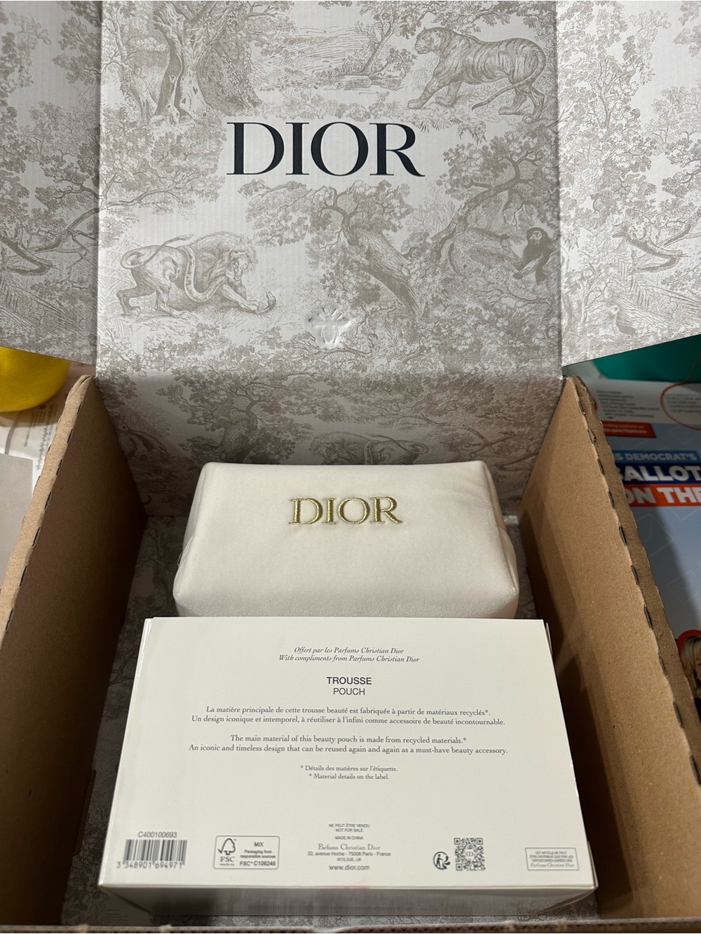 Dior Cream Cosmetic Pouch with Gold Logo